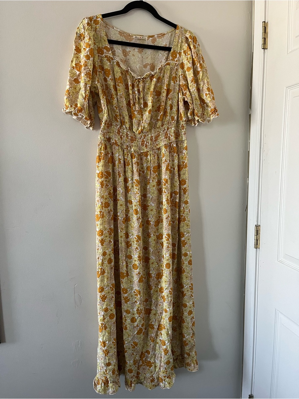Yellow Floral Puff Sleeve Maxi Dress Large Cottagecore Prairie Romantic Modest